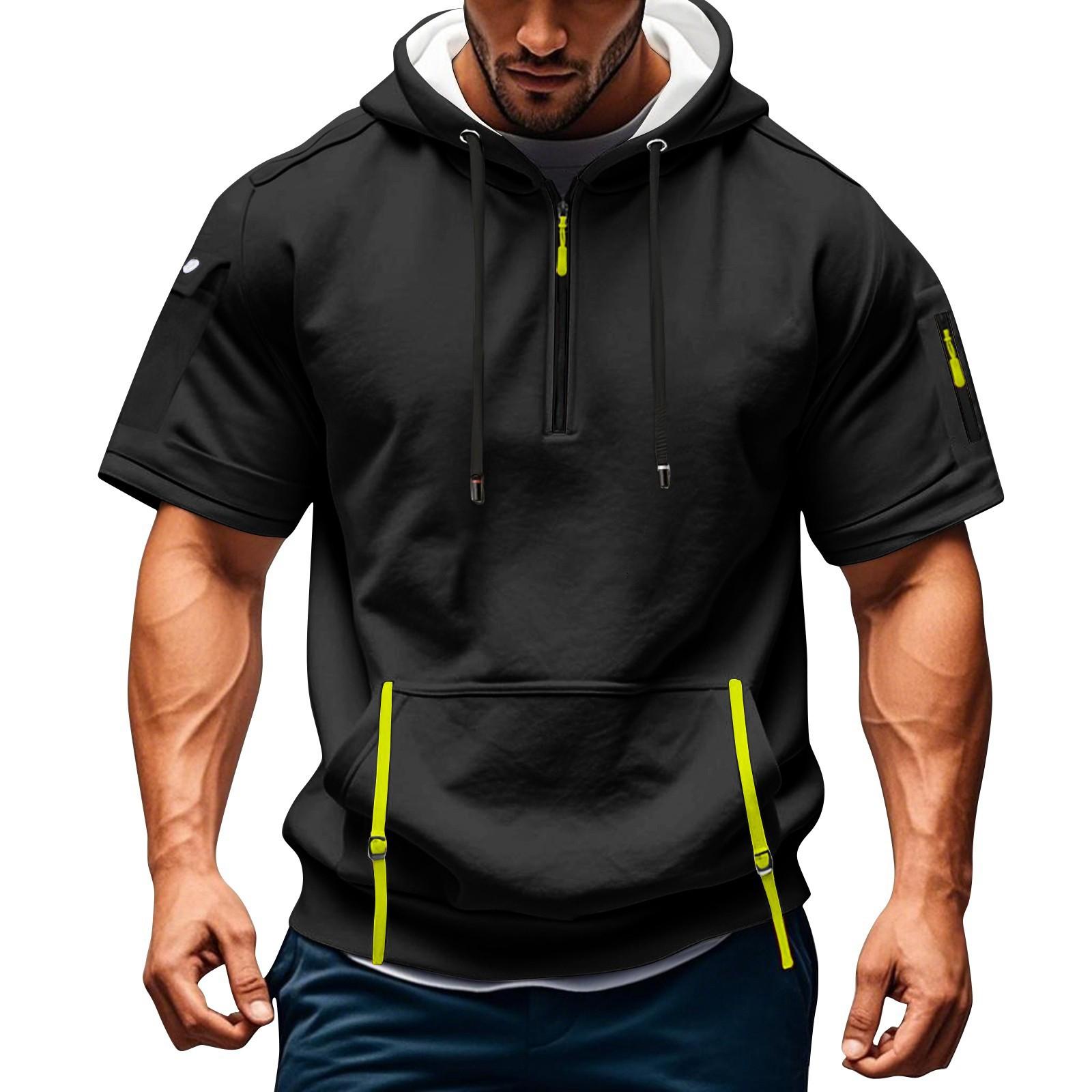 

Мужская летняя рубашка с карманом на молнии, коротким рукавом, с капюшоном, мужская спортивная повседневная толстовка большого размера XXXL чёрный