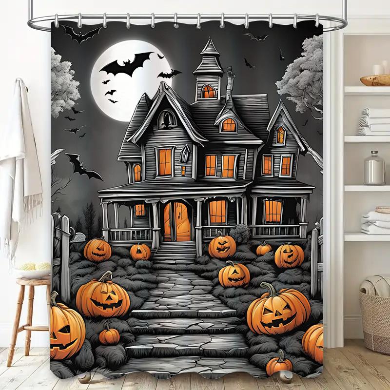 1Pcspooky Haunted House Halloween Bathroom Curtain For Kids Girls Room Decor Scary Backdrop