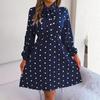 High Waist Women's Long Sleeve Dress Lace Up Pleated Dot Temperament Autumn Winter