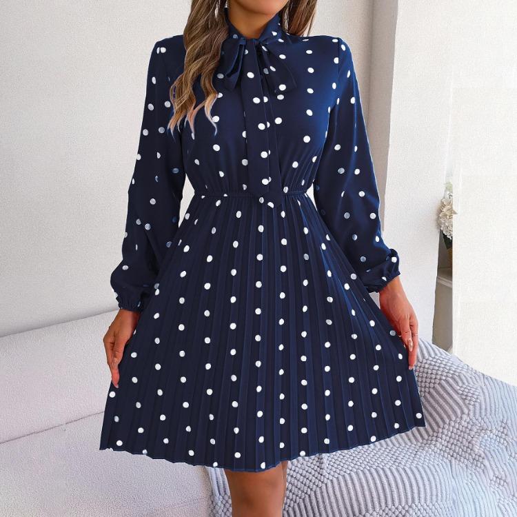 High Waist Women's Long Sleeve Dress Lace Up Pleated Dot Temperament Autumn Winter