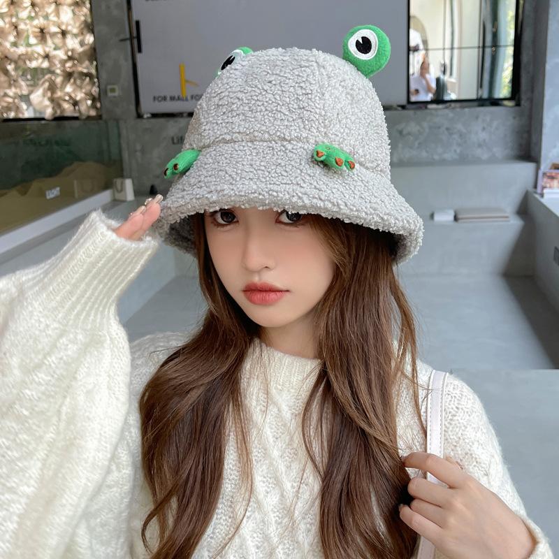 Fisherman Hat for Women In Autumn and Winter Outdoor Versatile Travel Warm Cartoon Hat Big Head Circumference Japanese Cute Frog Basin Hat