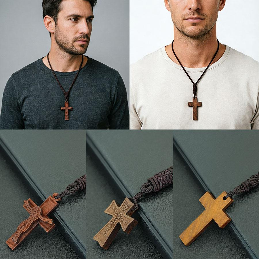 5 Styles Christian Jesus Cross Pendant Necklace Men Premium Selected Dark Brown Rope Chain Meditation Healing Neck Accessories
