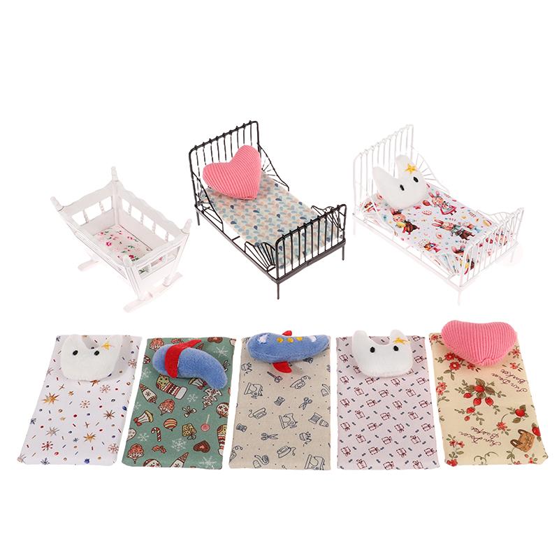 1:12 Dollhouse Mini European Iron Bed Cradle Bed Cushion Mattress Bedroom Decor
