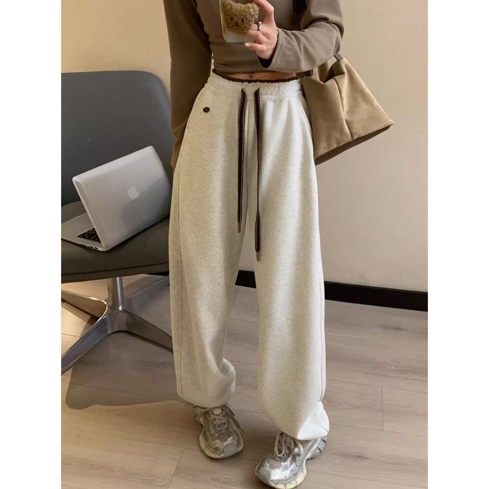 

Модные спортивные штаны с высокой талией и широкими штанинами для женщин, шикарный дизайн, контрастный цвет, спортивные брюки, осень-зима, корейские брюки на шнурке XXXL белый