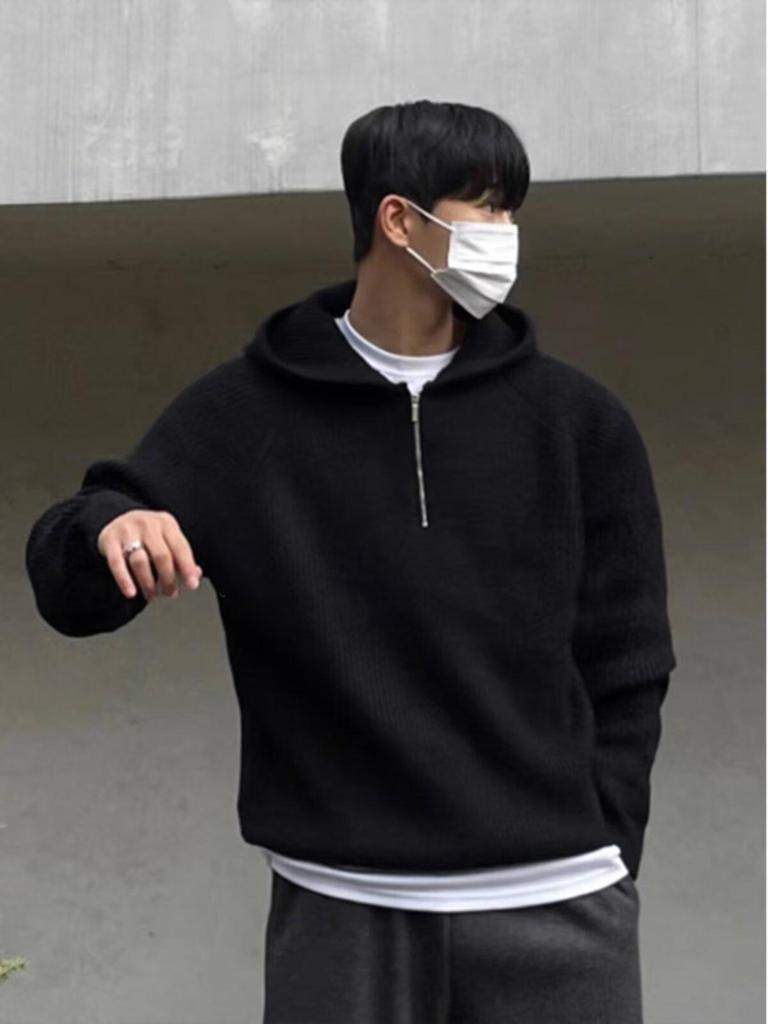 Men’s Trendy Half-Zip Hooded Cardigan – Solid Color, Autumn Style, Warm Knit Sweater