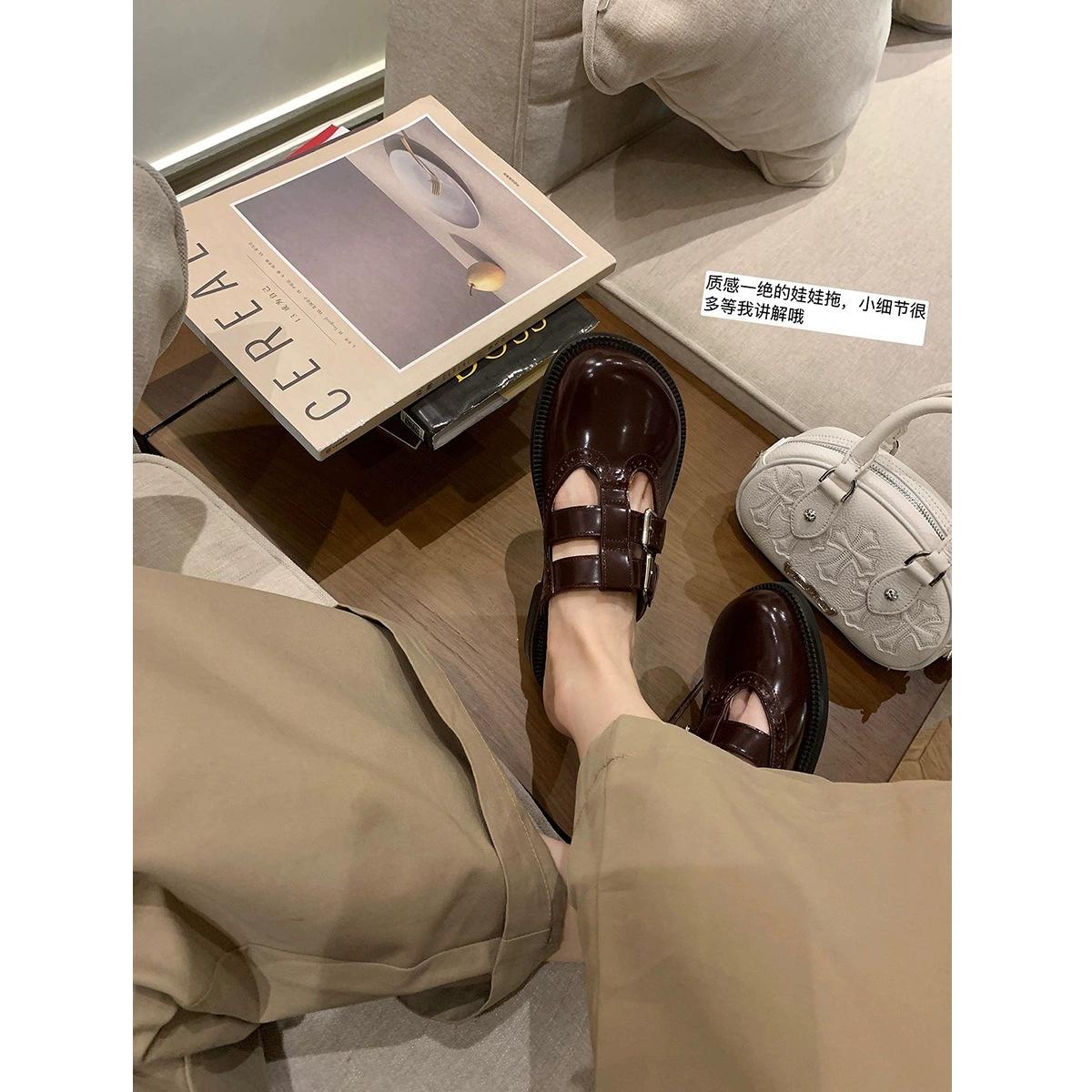 

Версия из коровьей кожи виноградные туфли-мамы кожаная сумка с большой головой тапочки с головой женские с двойной пряжкой гравированный толстый каблук Мэри Джейн полусабо 40