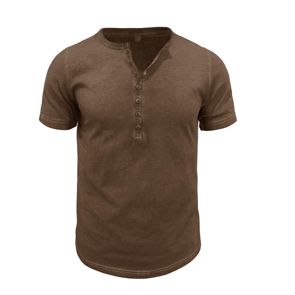 Summer Men's Retro Henley Tshirt Washed Fitness Solid Color Cotton T-Shirt Men Tees Tops