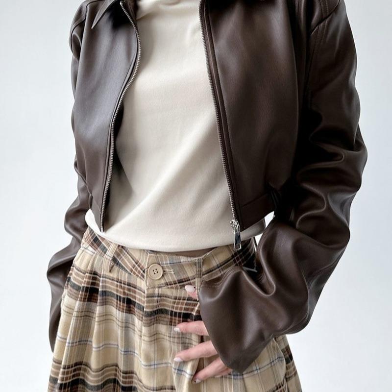 American Retro Long-sleeved Lapel Leather Jacket Women's Spring and Autumn Sweet Cool Girl Motorcycle Jacket Short Top