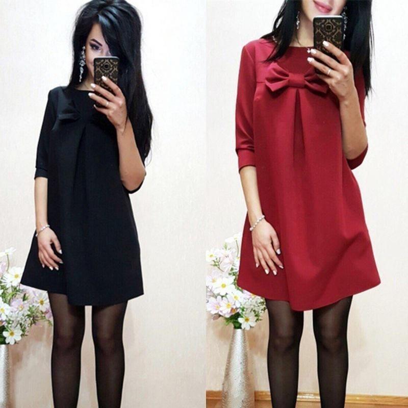 Elegant Cotton Blend Solid Color Dress With Sweet Bow Design For Stylish Commuters