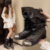 Fashion 2025Square Toe Lace-Up Bow Pleated Fashion Boots Vintage Block Heel Mid-Leg Boots for Women