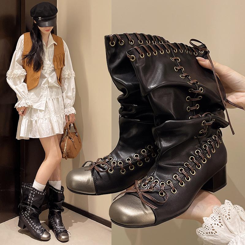 Fashion 2025Square Toe Lace-Up Bow Pleated Fashion Boots Vintage Block Heel Mid-Leg Boots for Women