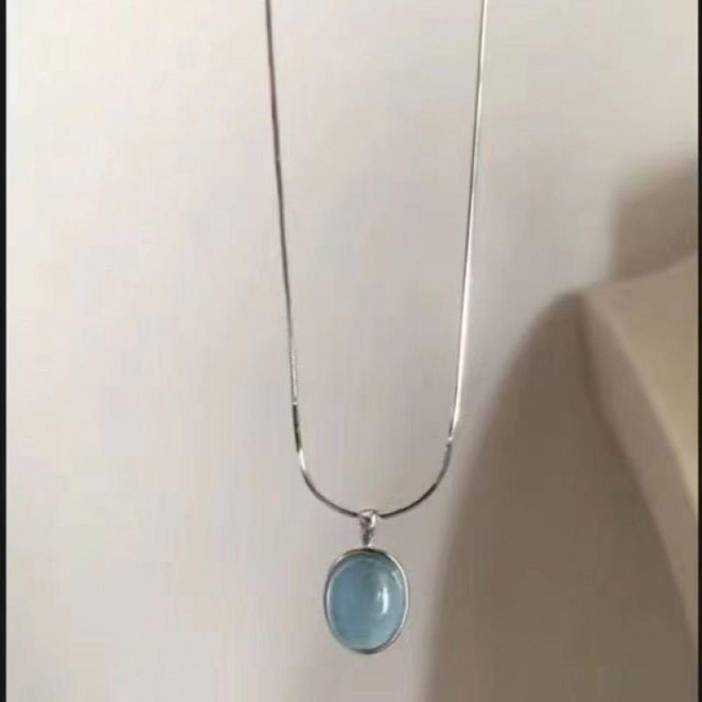 Oval Aquamarine Pendant Necklace Women Silver Color Blue Moonlight Stone Luxury Design Snake Chain Girls Fashion Jewelry Gift
