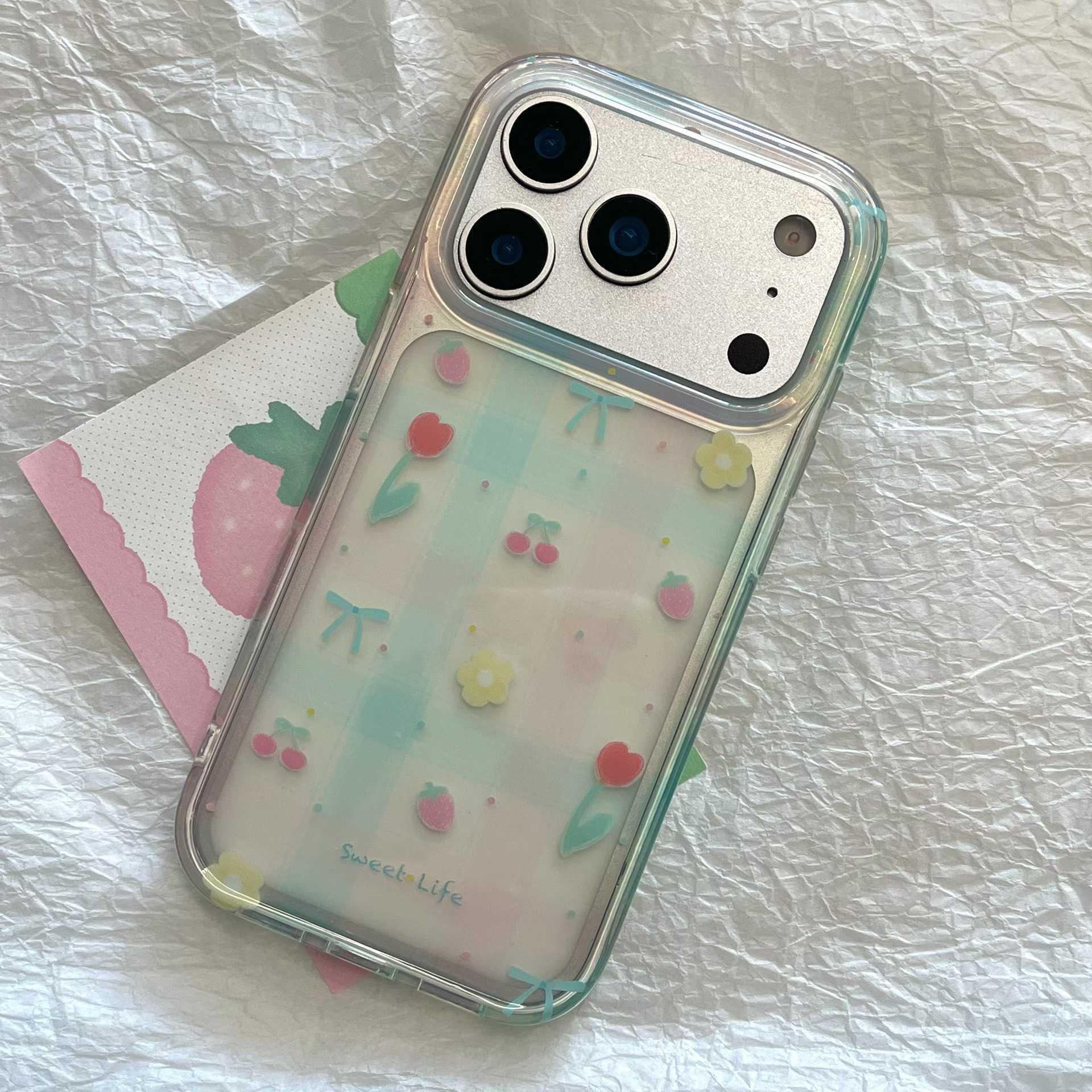 

Spring Floral Transparent Plaid Chain iPhone 16/17 Pro Max/15/14 Case for Women iPhone 16