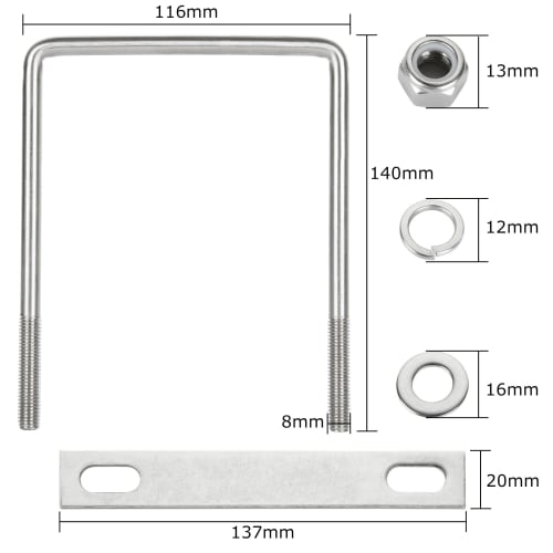 RILIHII U-Bolts (Set of 4) Square U-Bolts, 102mm Inner Width, 304 Stainless Steel Square M8 Bolts with Washers and Plates, for Carport Parking Fixings