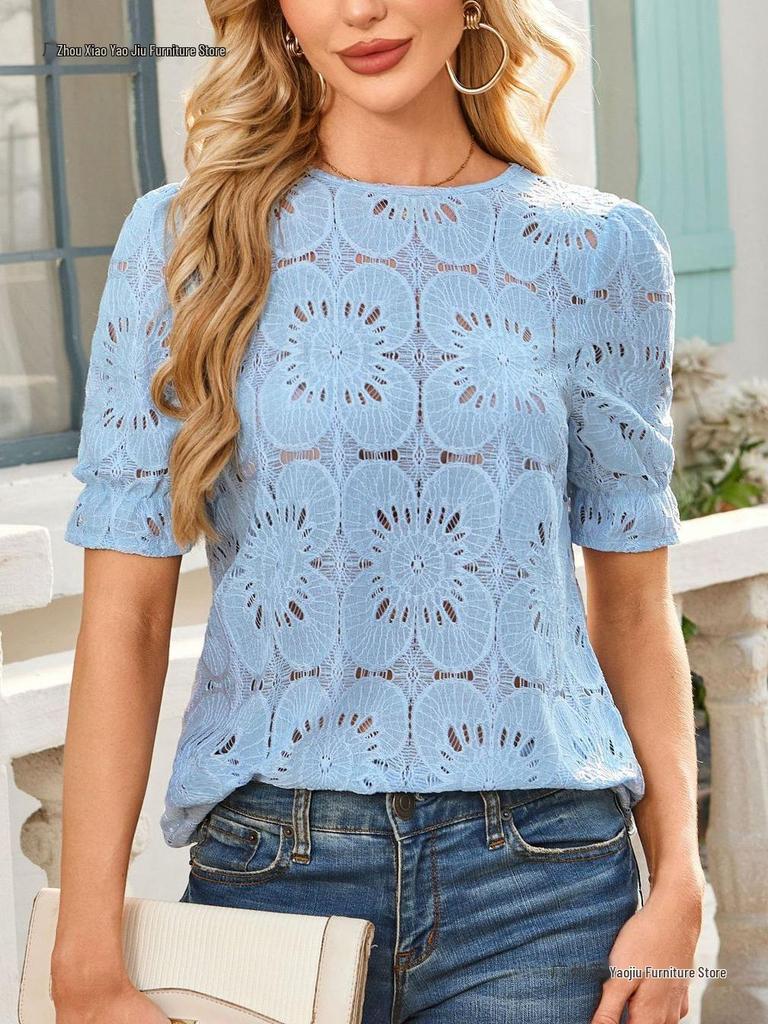 European American Women's Summer Lace Puff Sleeve Top TK2026