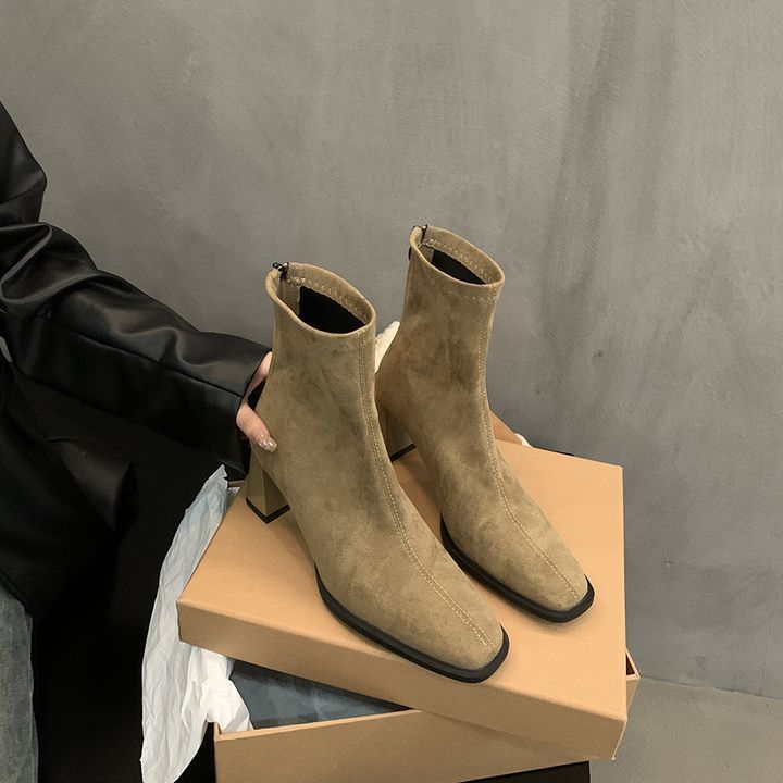 

Women s high-heeled short boots 2025 new autumn and winter French retro suede thick-heeled thin boots foreign-style Korean small ankle boots 36