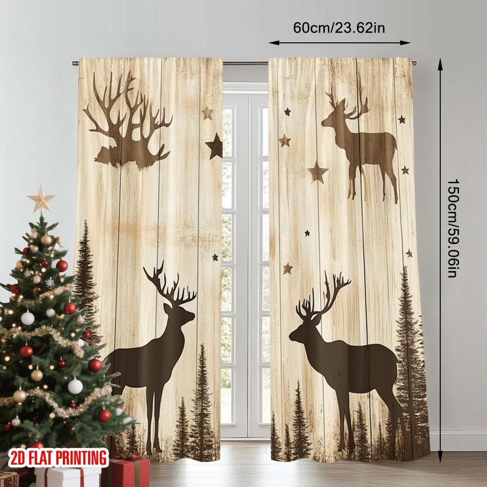 2pcs 2D Flat Printing Merry Christmas Scene Curtains Forest Deer Stars Vintage Wood (2) 100% Polyester Without Electricity