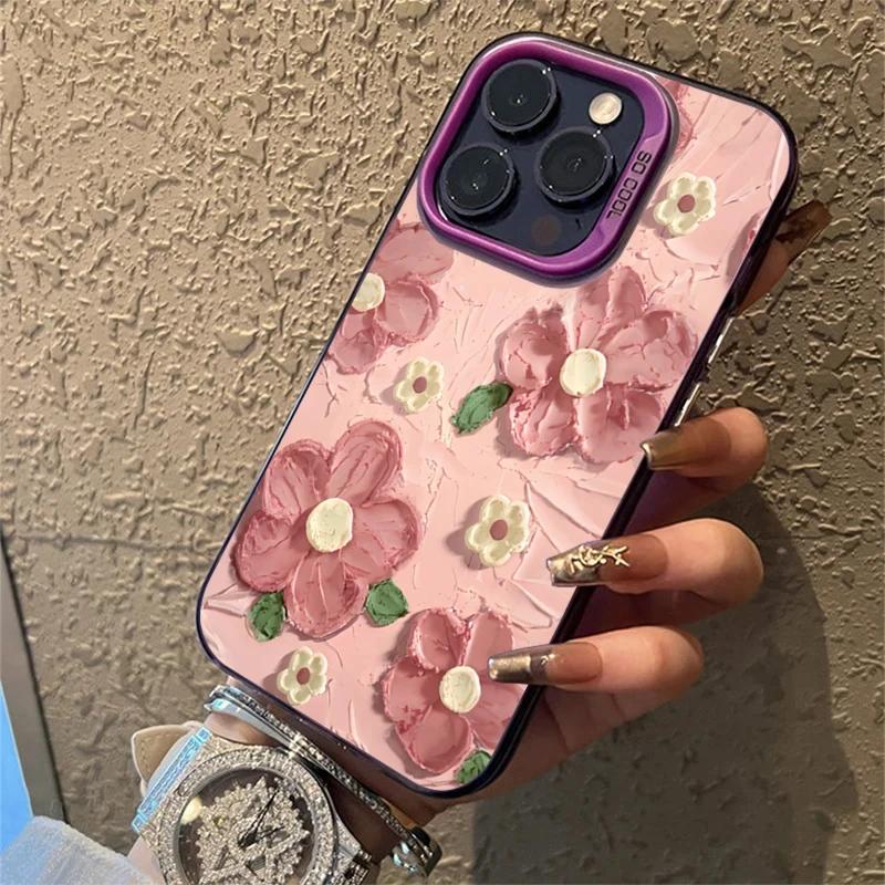 Luxury Oil Painting Flower Electroplate Silver IMD Case For iPhone14 15 11 12 13 Pro Max 7 8 Plus X XR Shockproof Hard Cover