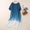 Retro Tie-Dye Blue Gradient Dress with Round Neck and Drawstring - Summer Design 2026