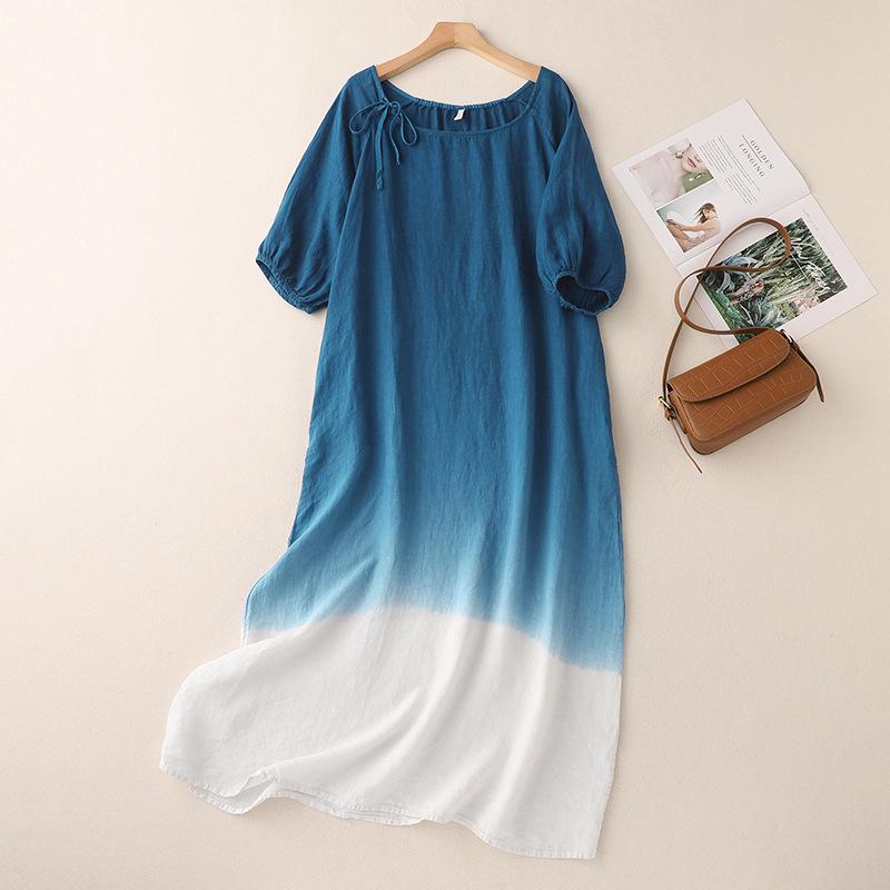 Retro Tie-Dye Blue Gradient Dress with Round Neck and Drawstring - Summer Design 2026