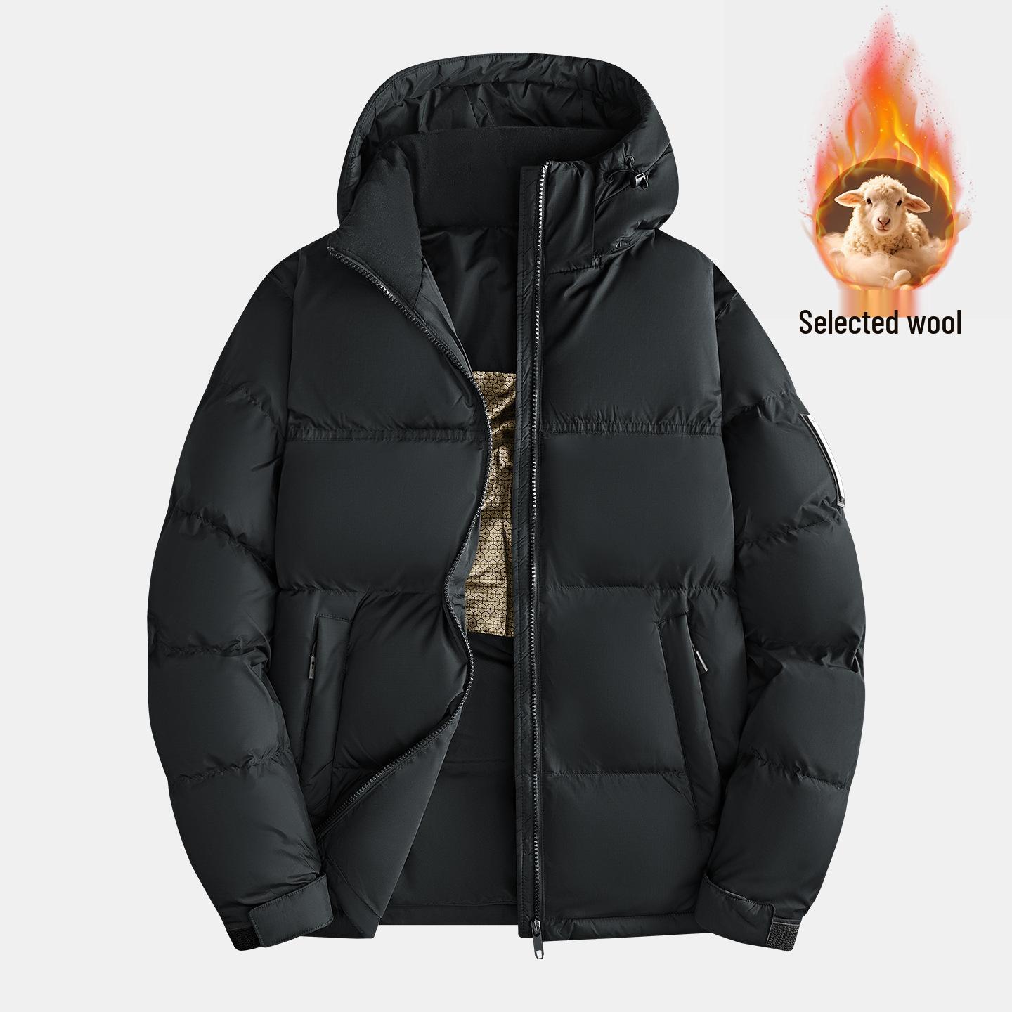 

Men s Wool-Graphene Hooded Cotton Jacket, Plus Velvet, Thickened, for Autumn/Winter - Loose, Warm Outerwear. 2XL чорний
