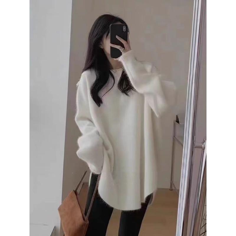 Autumn and Winter Pullover Women Medium and Long Sweater Fashion Loose Office Knitted Bottoming Shirt Solid Color O Neck Long Sleeve Casual Simple Top