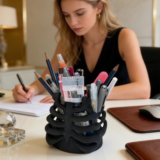 Ribcage Pen Holder Gothic Makeup Brush Holder 3D Printed Anatomy-Themed Skull Pen Holder Desktop Organizer for Vanity Desk Office Room Decor