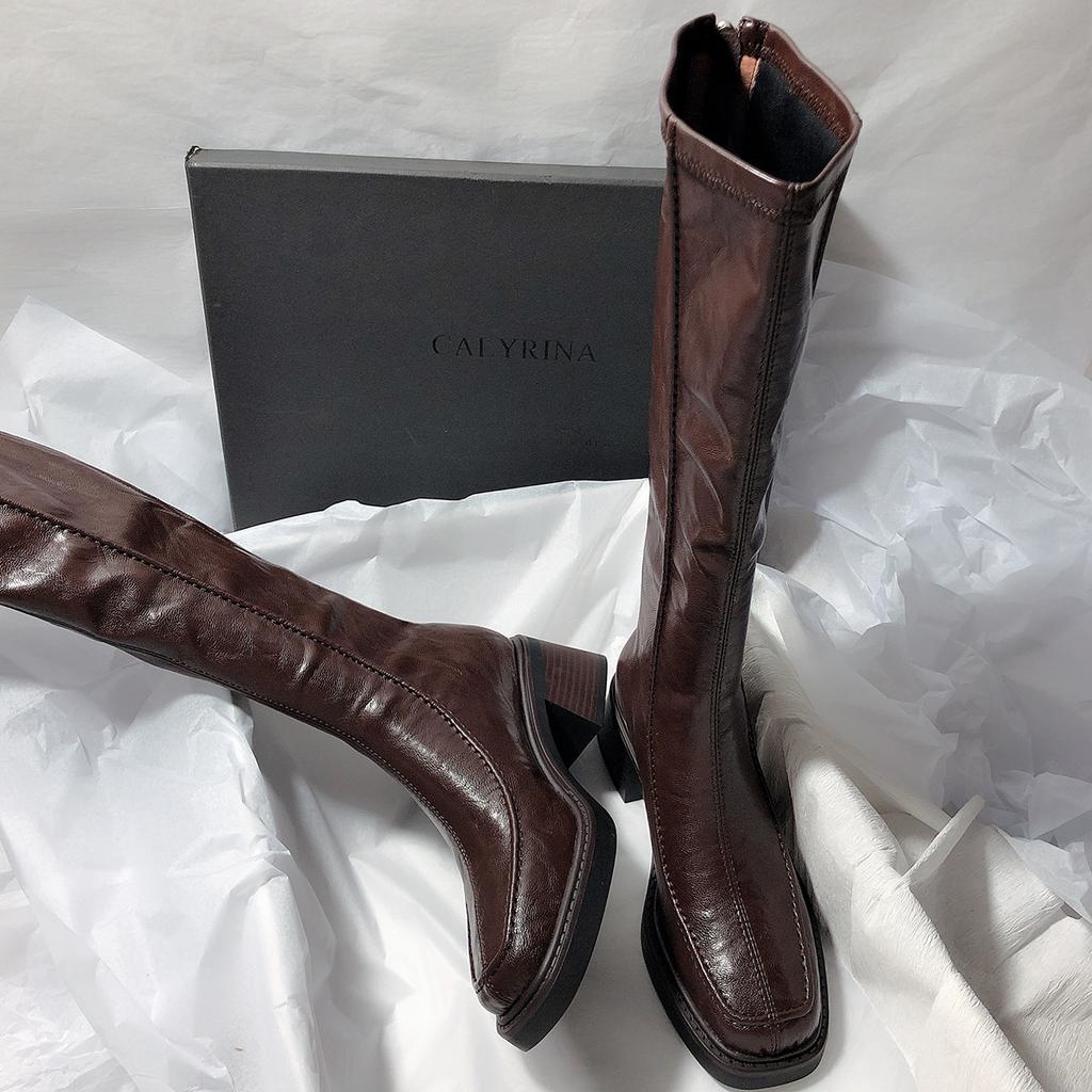 Autumn Winter New High-heeled Women's Boots, Square Toe Elastic Boots, Thick Heel Knee High Boots