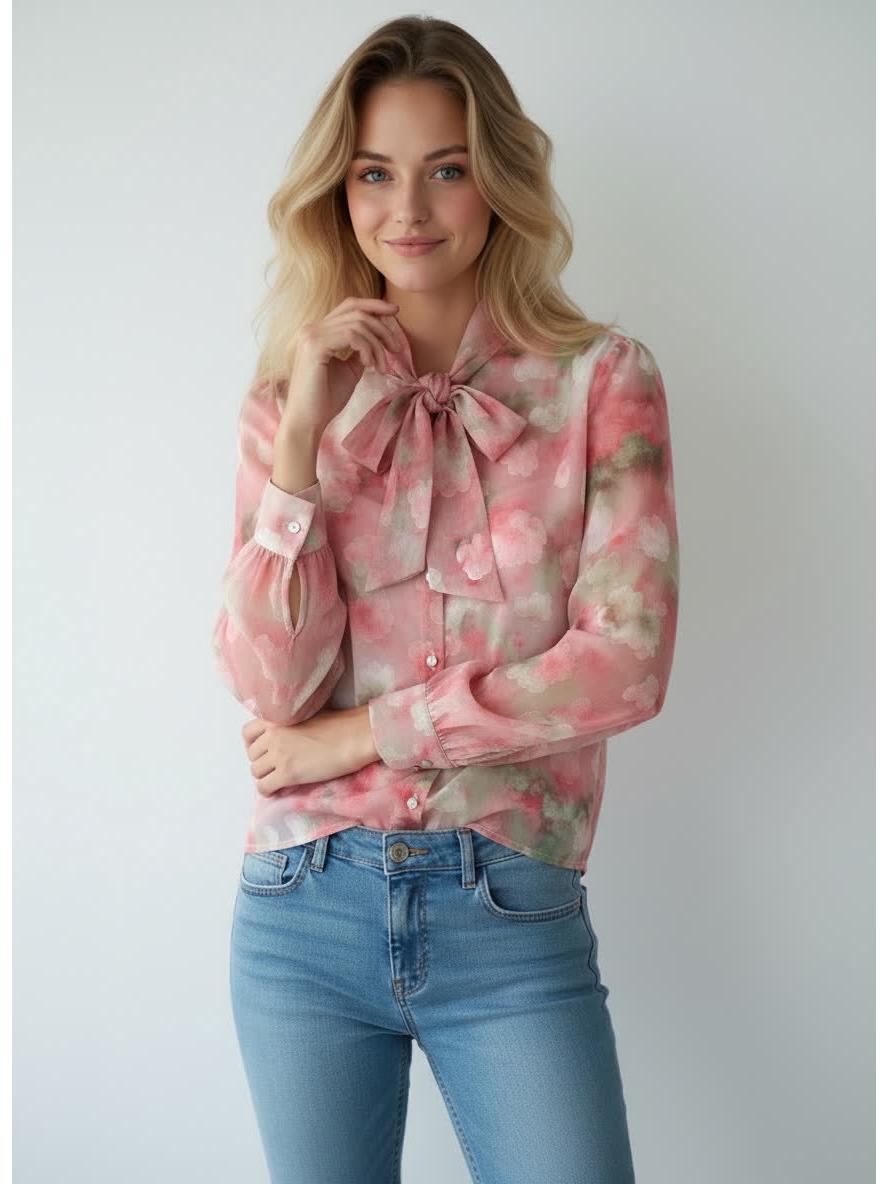 2026 Women s Retro Floral Print Long Sleeve Two-Way Spring Shirt Medium