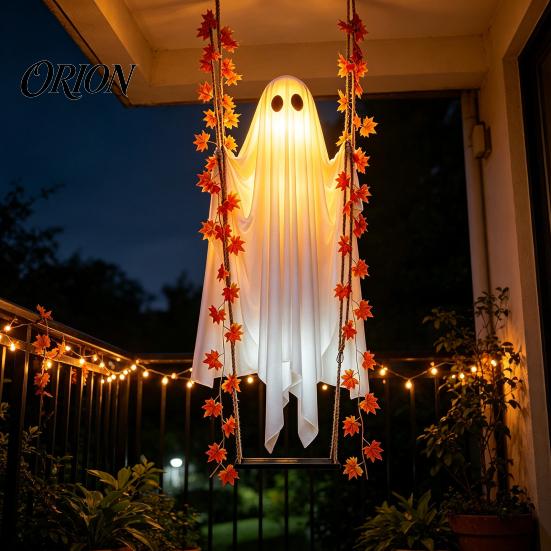 Fantasma da Appendere con Luci LED Fantasma Oscillante di Halloween, Foglia d'Acero Oscillante Illuminata Decorazioni per Giardino Cortile Vite e Telecomando per