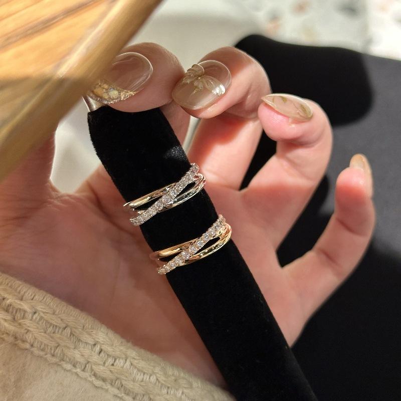 Light Luxury And Elegant Three-Circle Cross-Inlaid Diamond Ring, Two-Color Niche Design Sense, Personalized Open Index Finger Ring