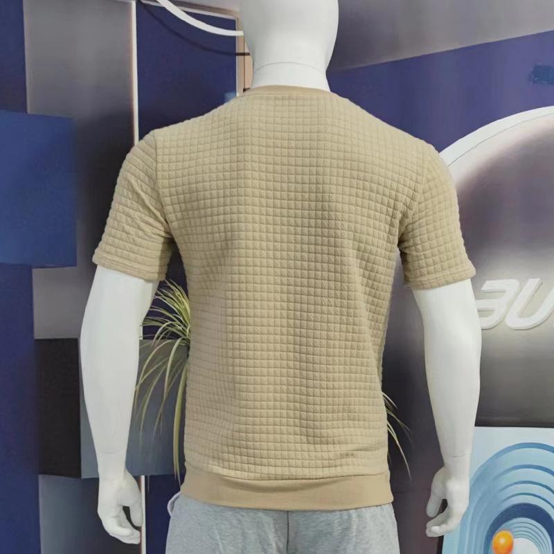 Spring Summer Men's Small Plaid T-shirt Solid Round Neck Short Sleeve Man Top