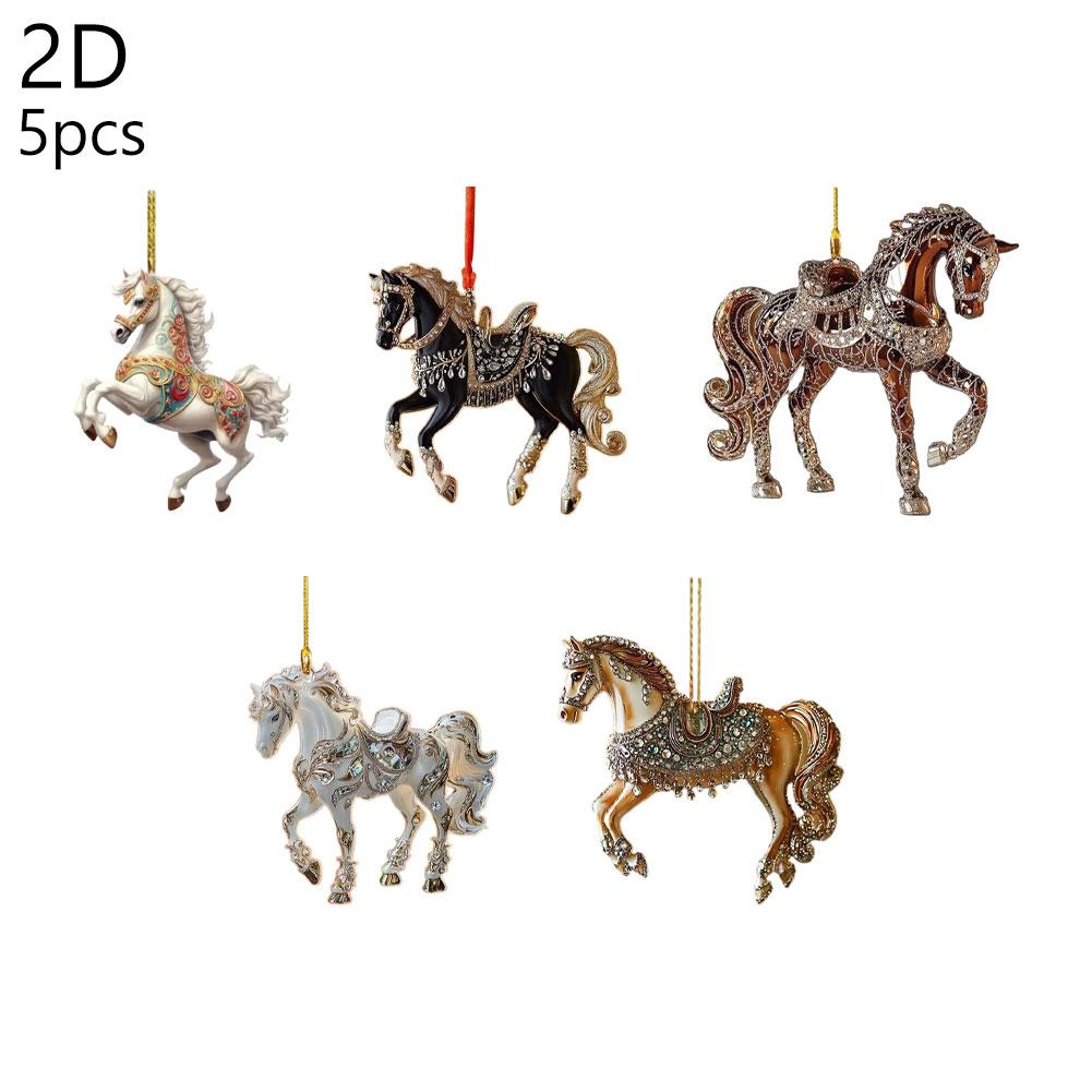 5PCS Modern Horse Ornaments White Acrylic Flat Hanging Decor Home 2026 New Year Christmas Tree Decoration Simple Style Gift Set