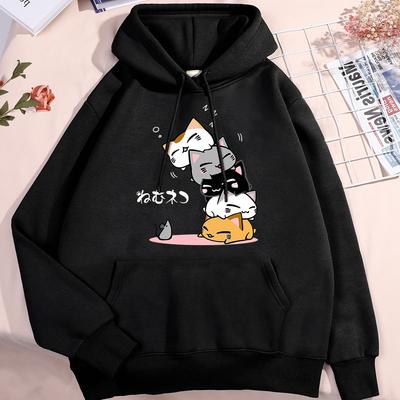 Cute Layered Cat Can't See The Mouse When Sleeping Hoodie Women's Fashion Round Neck Clothing Cute Hoodie Street  Sweatshirt