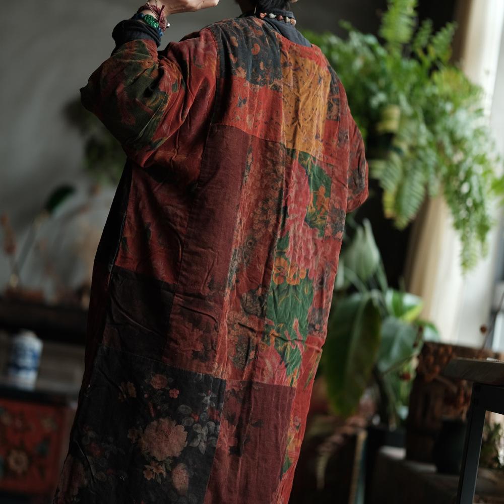 Johnature Women Patchwork Floral Pullover V-Neck Long Sleeve Warm Winter Chinese Style Female Dresses