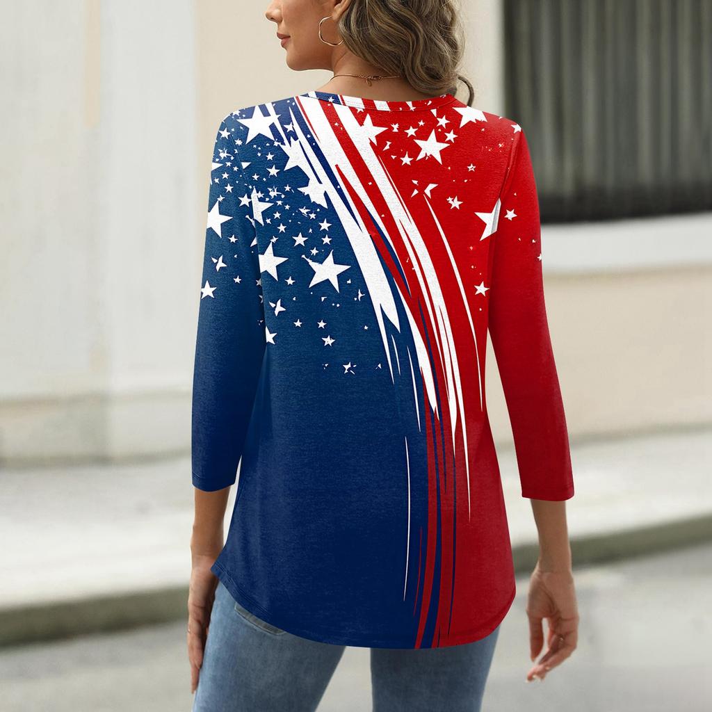 Women's T Shirt Independence Day Print Button 3/4 Sleeve Daily Weekend Fashion Basic V- Neck Regular Top