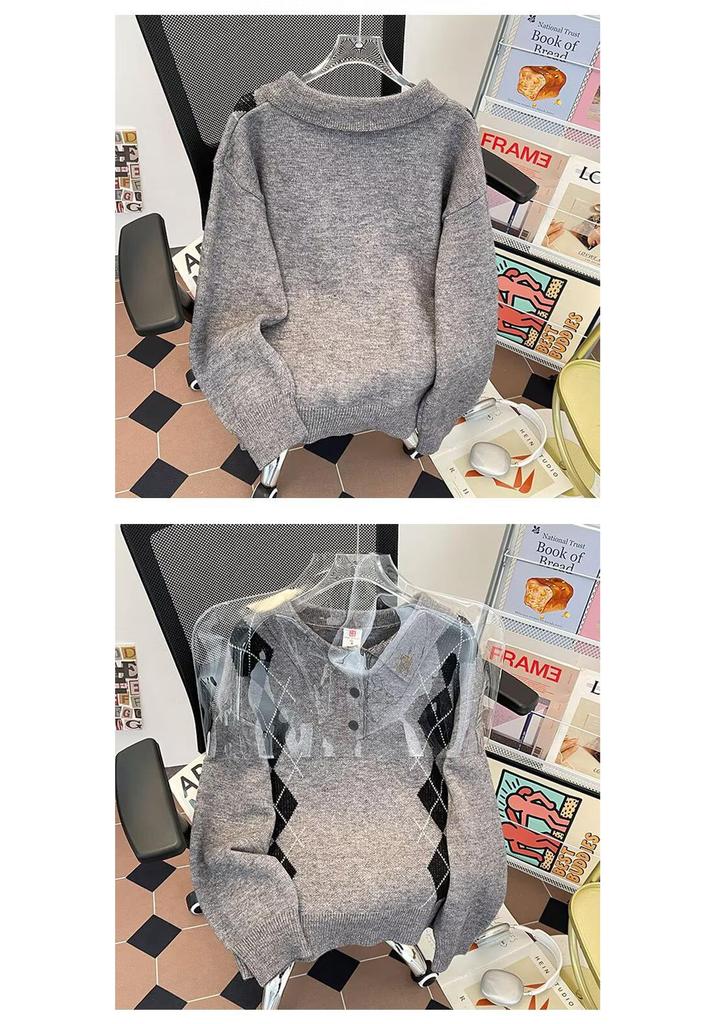 2025 British Classic Diamond Jacquard Color Block Knit Sweater