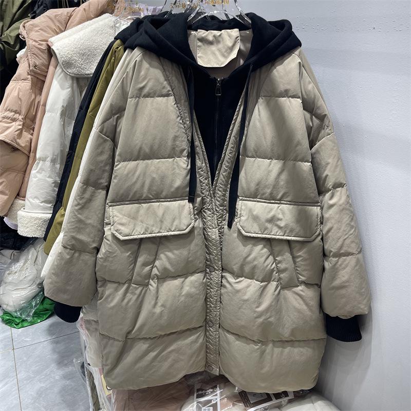 Plus Size Korean Style Loose Winter Slimming Mid-Length Down Jacket with Faux Two-Piece Hoodie