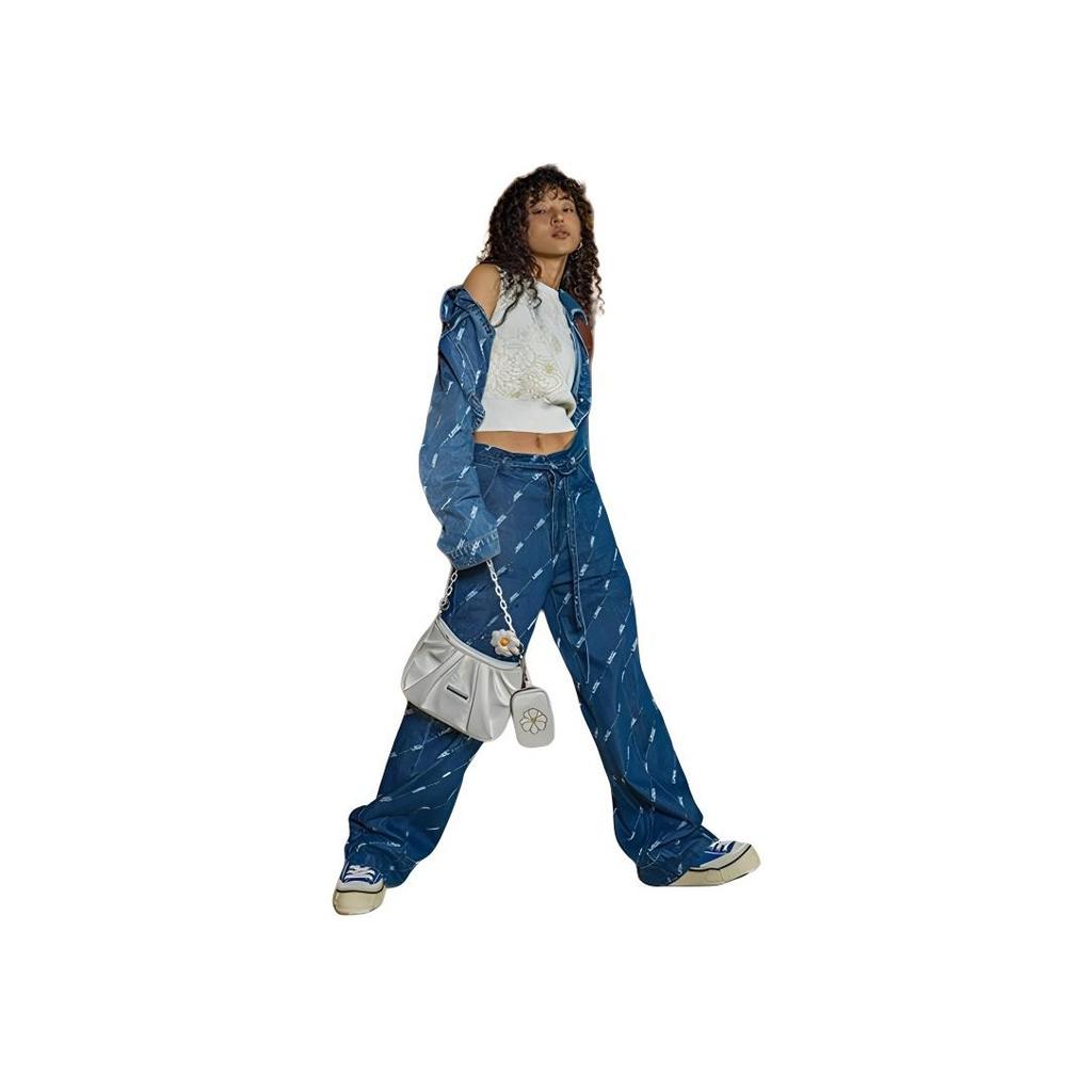 Li Ning Logo All Over Print Single Button Washable Denim Jacket Women Jacket Blue AJDT060-1