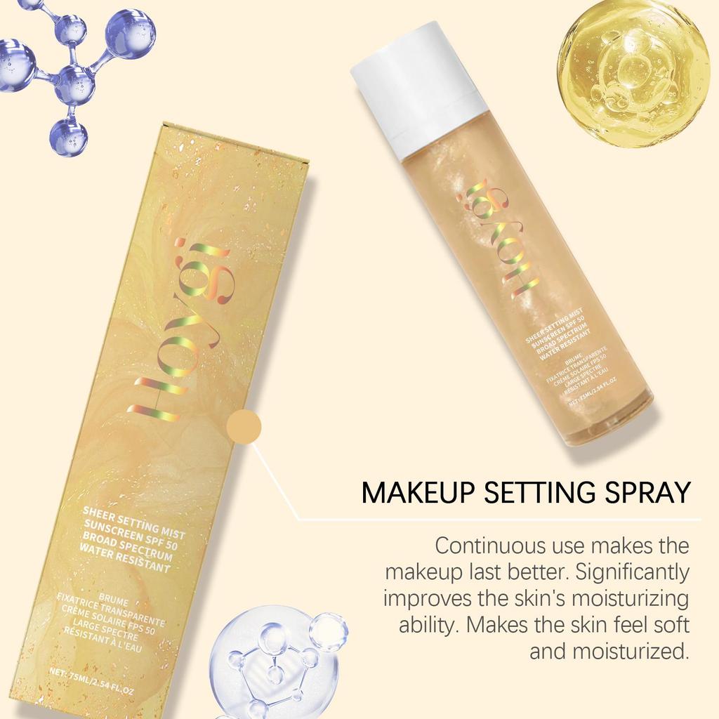 Hoygi Spray Crème Solaire Fixatrice Transparente SPF50, Hydratant & Léger, Non Gras, Fixateur de Maquillage Longue Tenue à l'Acide Hyaluronique, 75ml