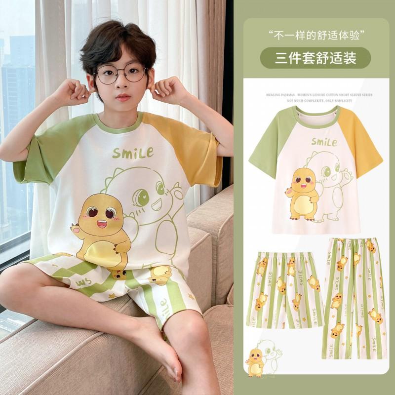 Cotton 3-Piece Pajama Set Boys Lightweight Short Sleeve Sleepwear Cartoon Print Home Wear Ages 8