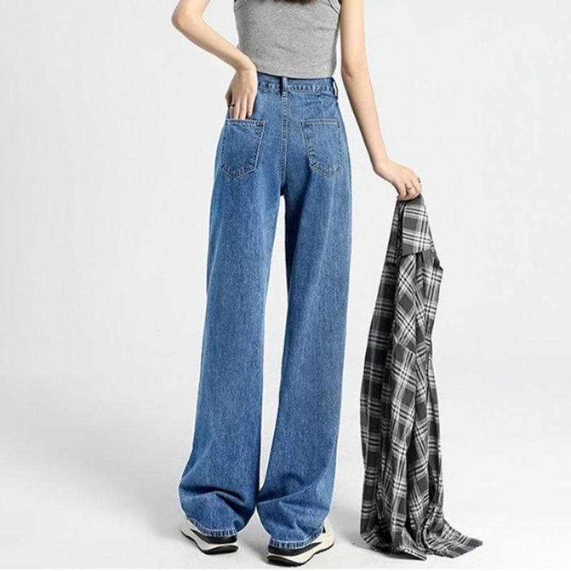 Adjustable wide-leg jeans for women, autumn and winter velvet thickened high-waisted thin straight jeans