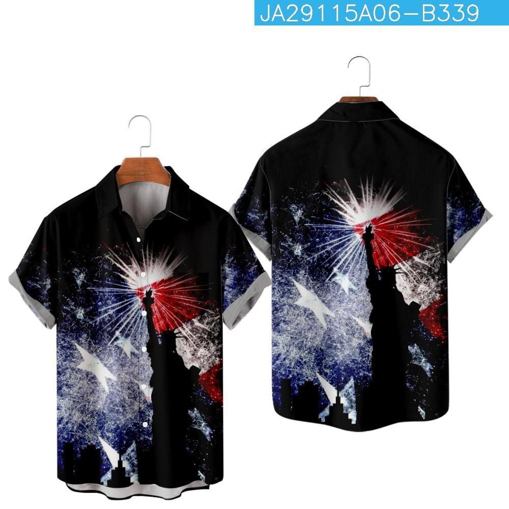 Vintage Star Stripes Print Loose Fit Shirts Men Short Sleeve Daily Holiday Vacation Blouses S