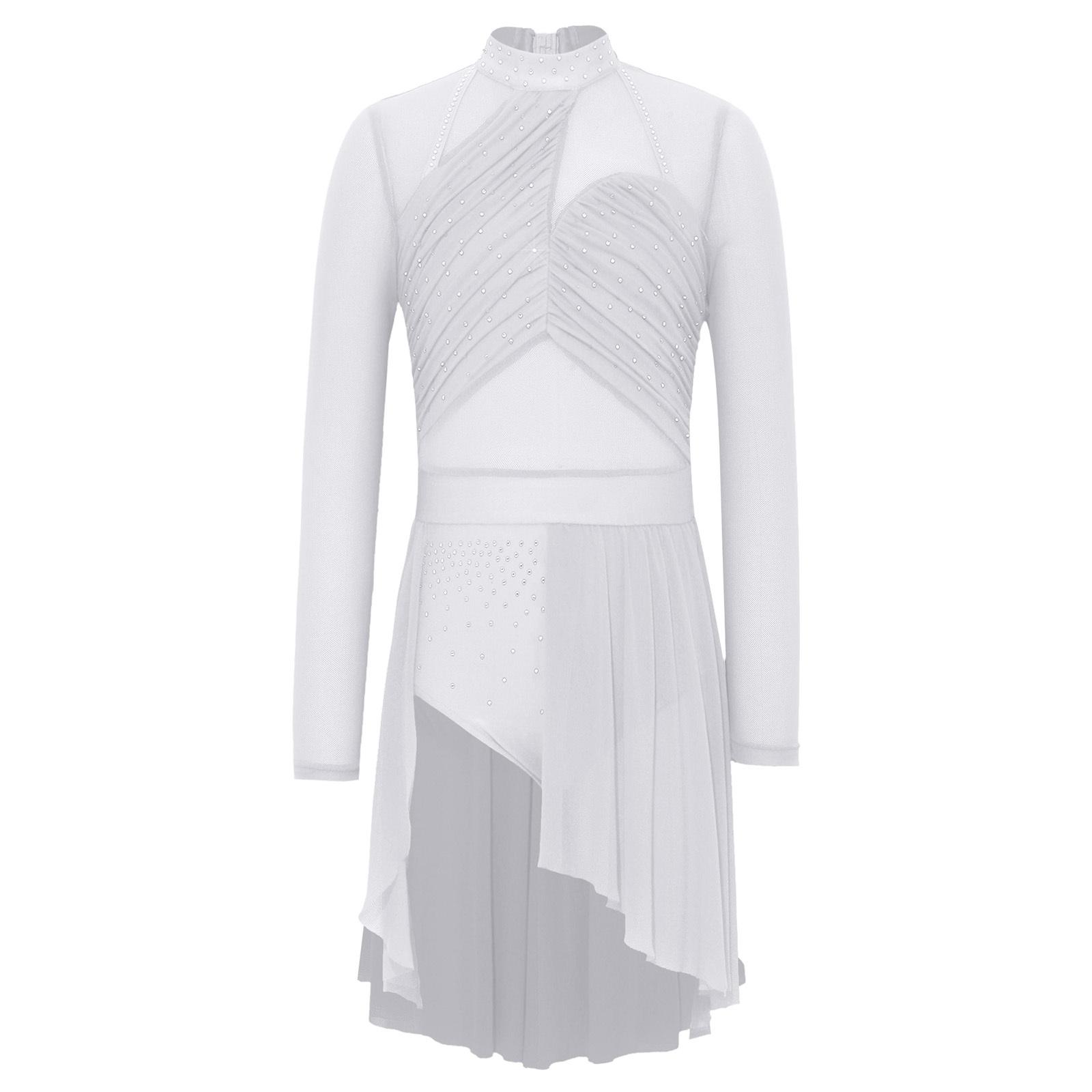 

Girls Shiny Rhinestone Long Sleeve Ruched Asymmetrical Hem Split Mesh Dance Dress Built-in Briefs 5-6 Years білий
