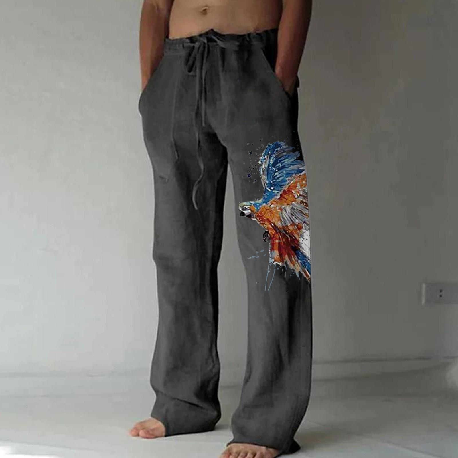 

Мужские свободные повседневные однотонные хлопковые льняные брюки с эластичным галстуком и принтом, прямые брюки M