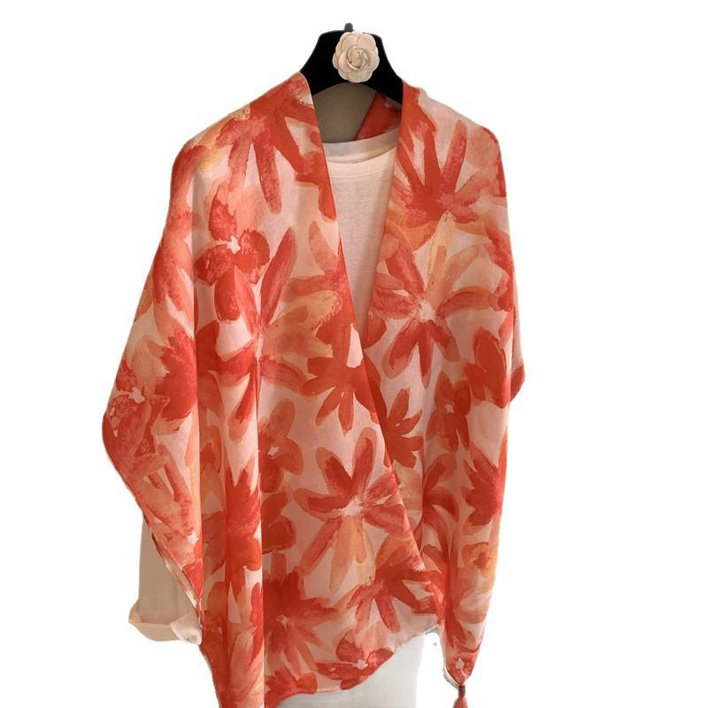 Classic Versatile Flower Printed Silk Scarf Women'S Spring And Autumn Summer Thin Long Sunscreen Scarf Travel Shawl