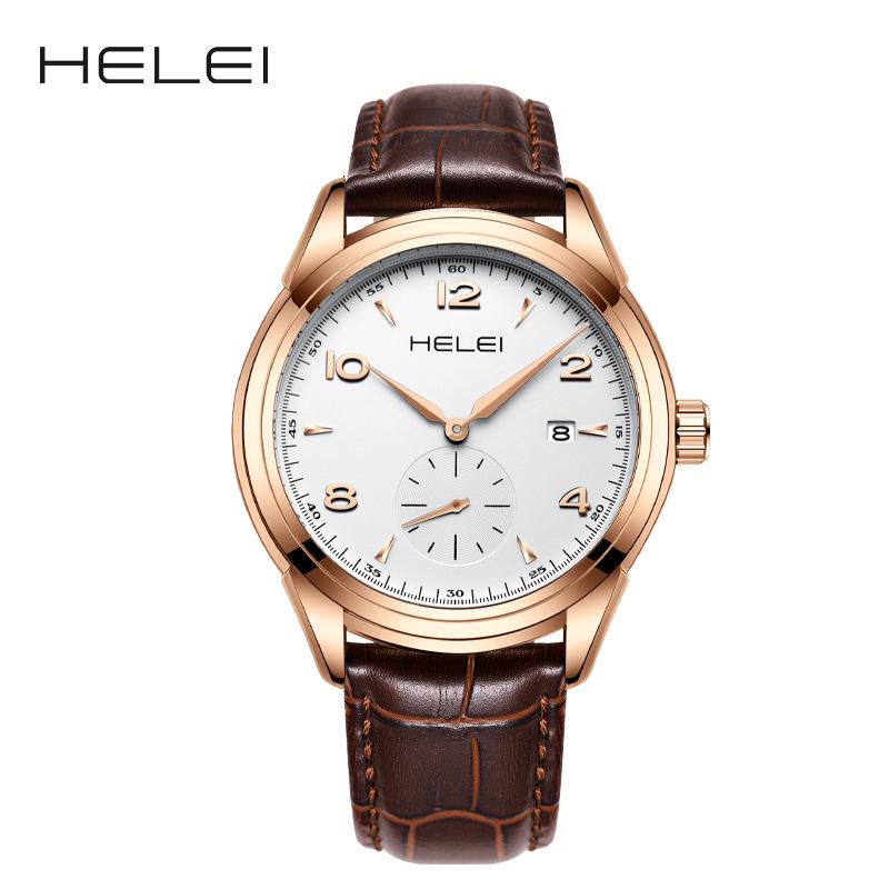 HELEI Men's Quartz Leather Watch - Waterproof, Three-Hand, Single Calendar