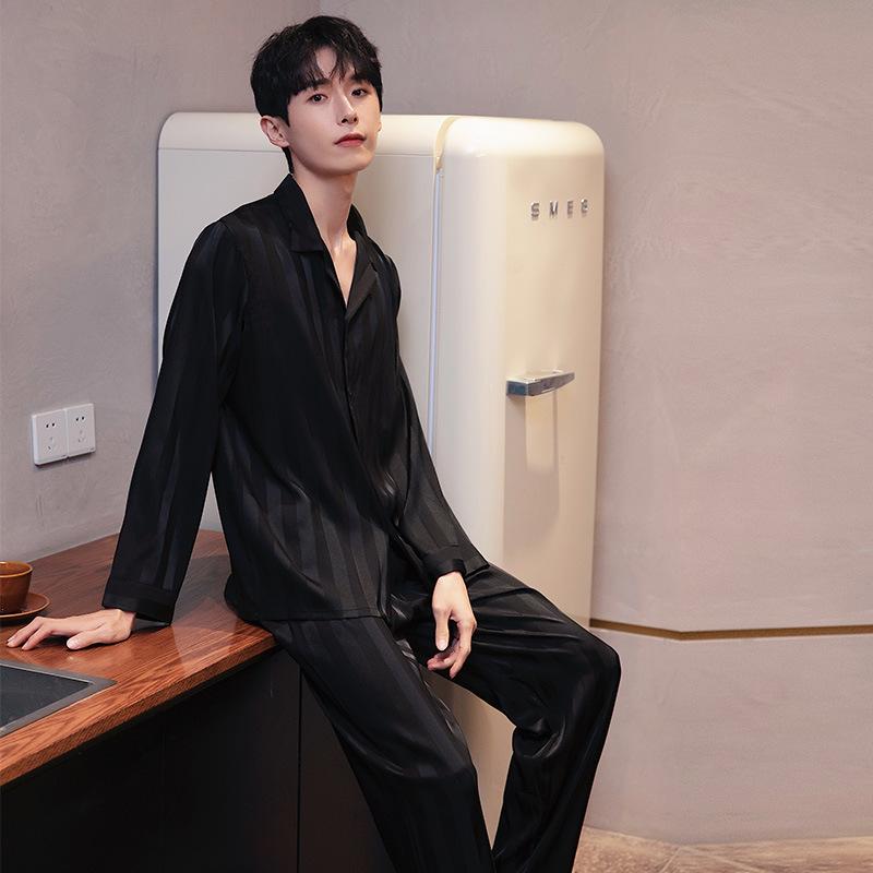 Couple ’s Ice Silk Pajama Set Long Sleeve Top and Pants Men's Spring Autumn Summer Black Striped Loungewear