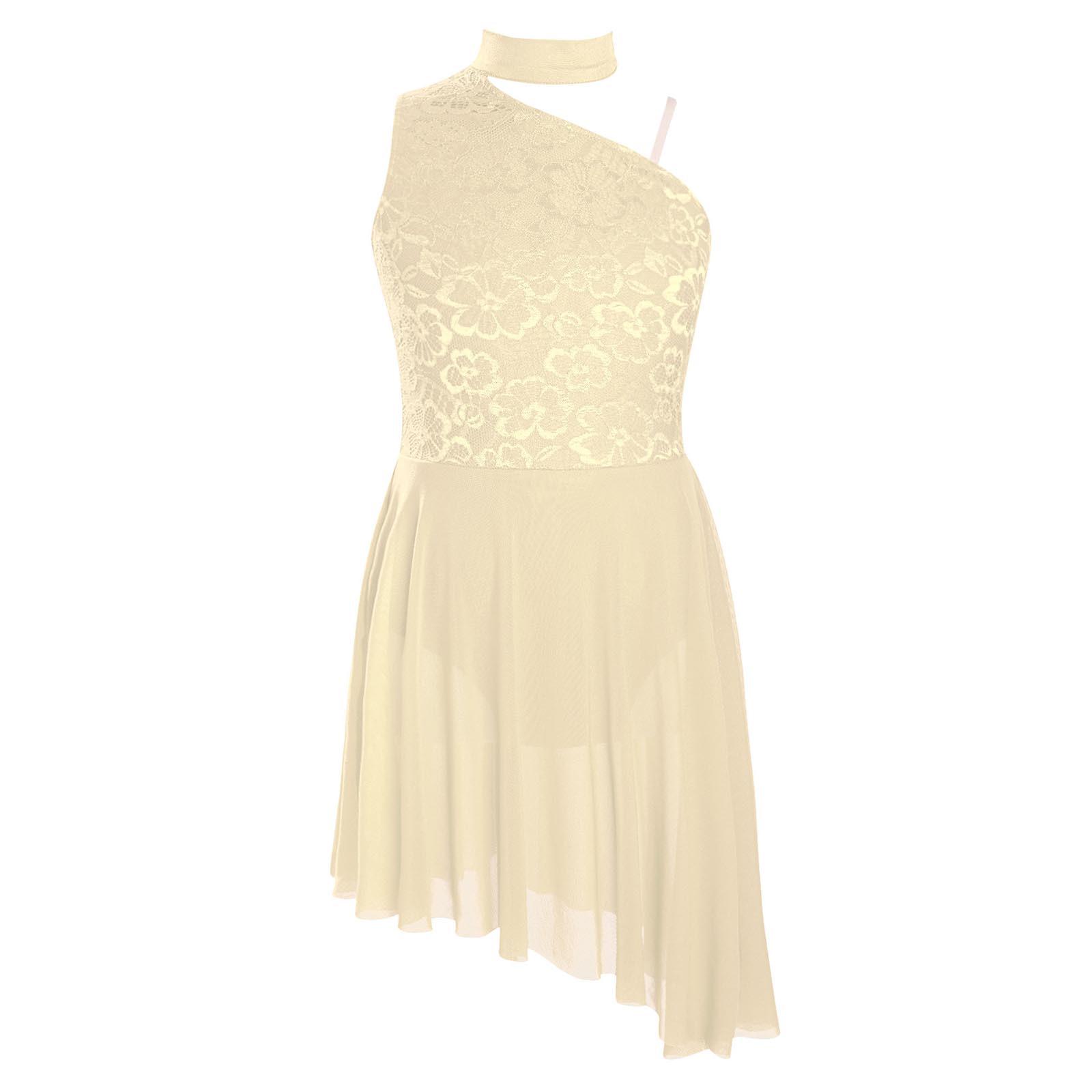 

Дівчаче плаття на одне плече без рукавів з мереживною вставкою, сучасний костюм для ліричного танцю з асиметричним подолом 7-8 Years бежевий