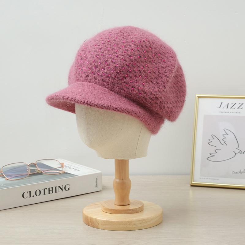 Autumn and Winter Casual Bright Diamond Rabbit Hair Mother Hat Versatile Plus Velvet Thickened Cold Proof Duck Tongue Cap Can Scarf Warm Set New